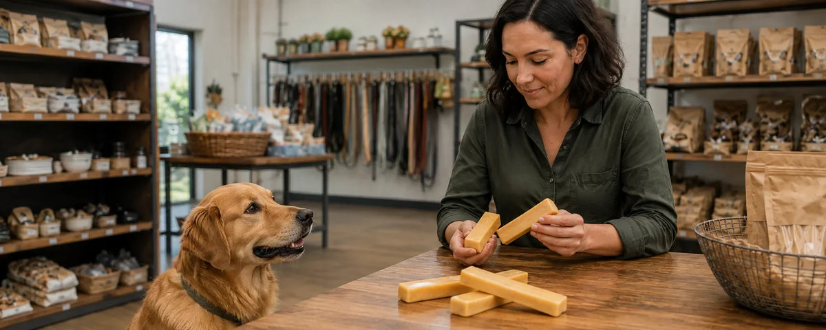 Pet retailer examining Himalayan dog chews with a Golden Retriever inside a pet store